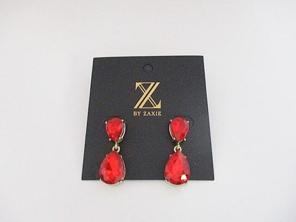 2046 NIP Zaxie Red Gold Dangle Tear Drop Rhinestone Prom Long Crystal Pageant